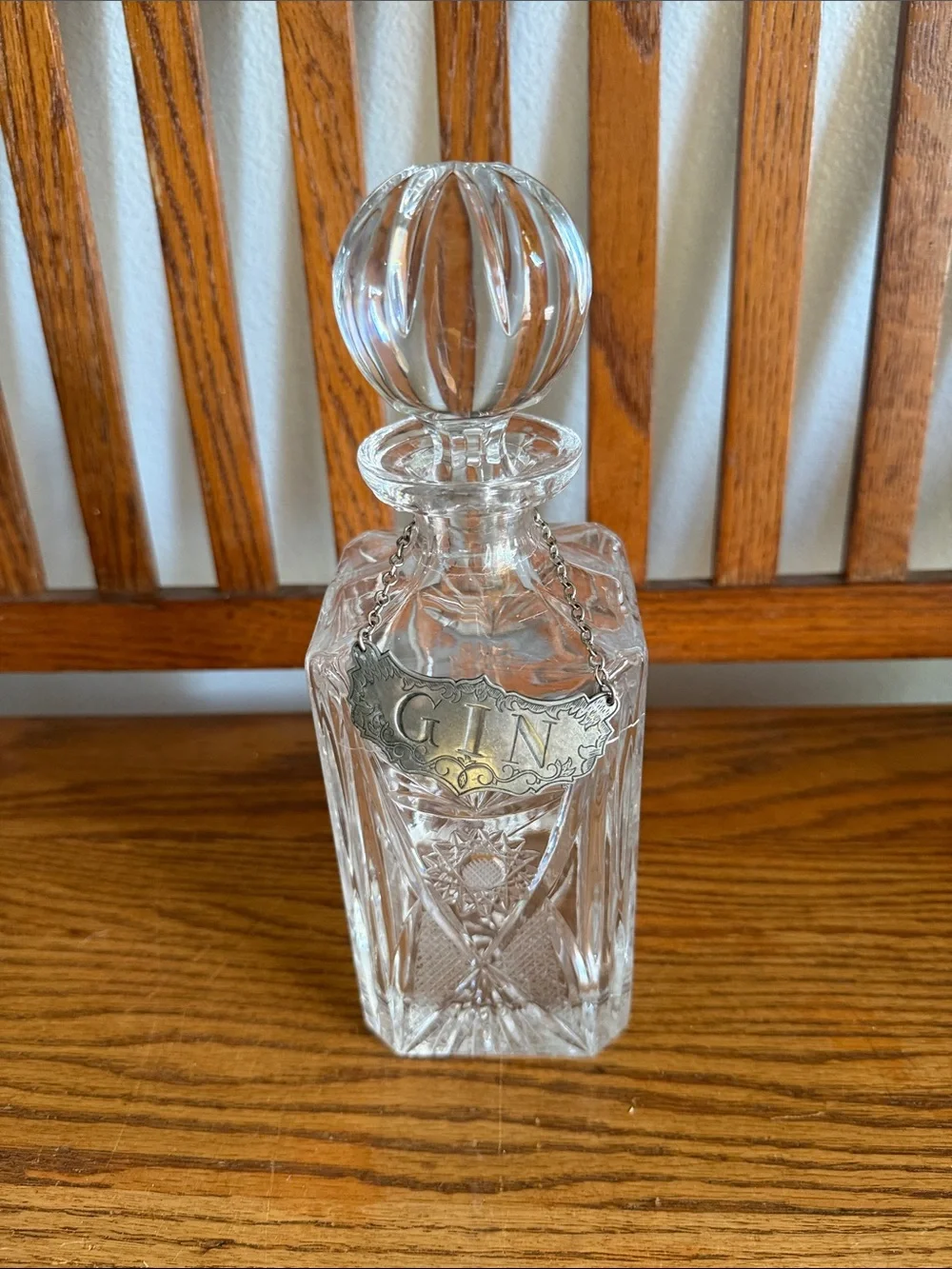 Not Rated Clear Cut-Glass Gin Decanter with Silver Plate Label